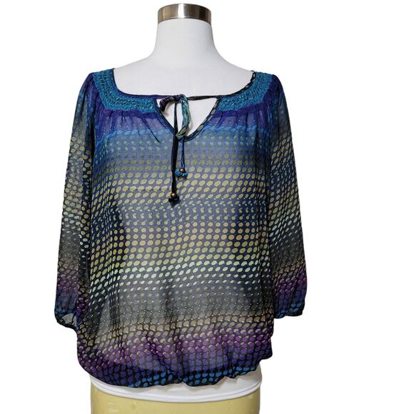 Ellen Tracy Womens Multicolor Polka Dot Peasant Blouse Keyhole Tie Neckline Sz L - Picture 1 of 8